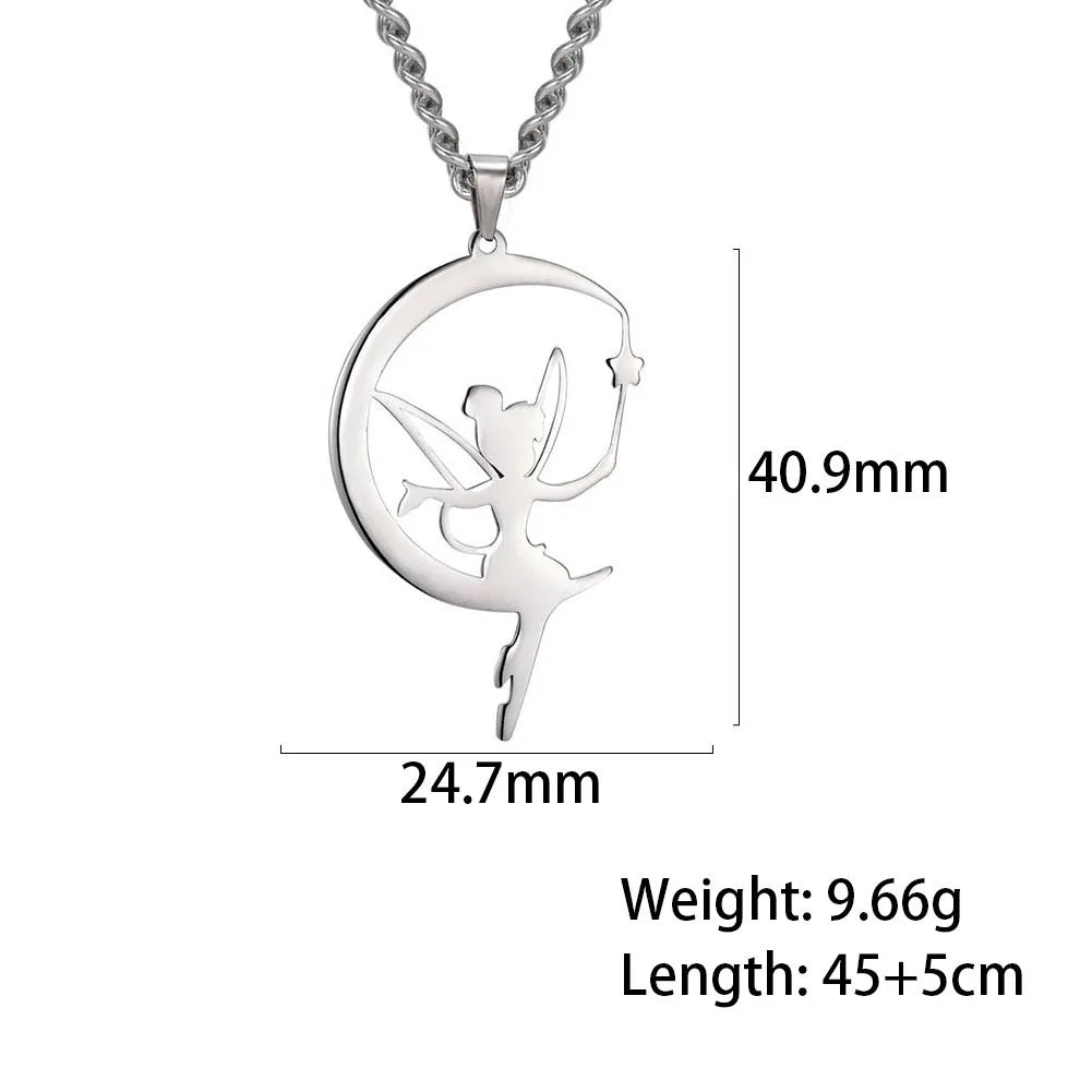 Skyrim Fairy Elf Pendant Necklace for Women Girls Angel Wings Moon Necklaces Stainless Steel Neck Chain Romantic Witch Jewelry