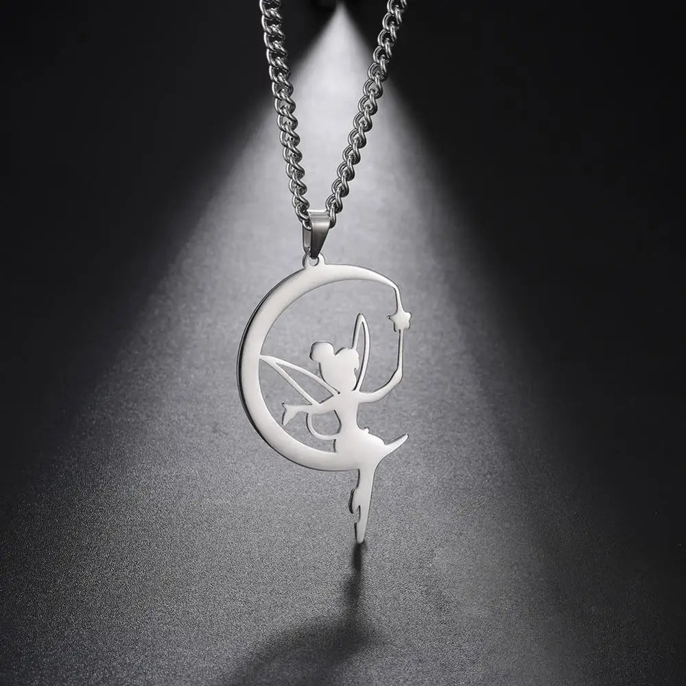 Skyrim Fairy Elf Pendant Necklace for Women Girls Angel Wings Moon Necklaces Stainless Steel Neck Chain Romantic Witch Jewelry