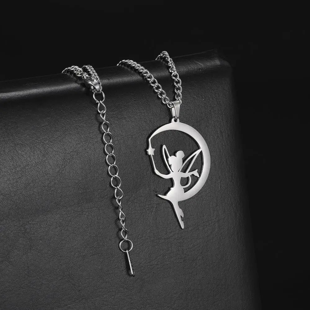 Skyrim Fairy Elf Pendant Necklace for Women Girls Angel Wings Moon Necklaces Stainless Steel Neck Chain Romantic Witch Jewelry