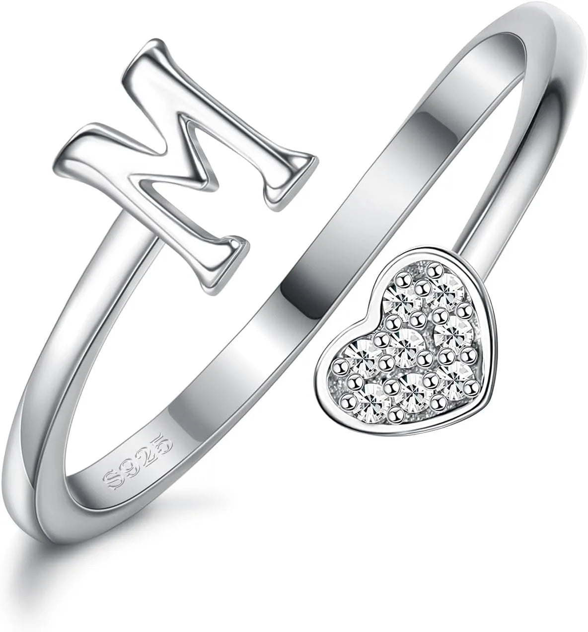 Fansilver Initial Rings 925 Sterling Silver Heart Initial Stackable Adjustable Ring Cute Heart Alphabet Rings Gift for Her