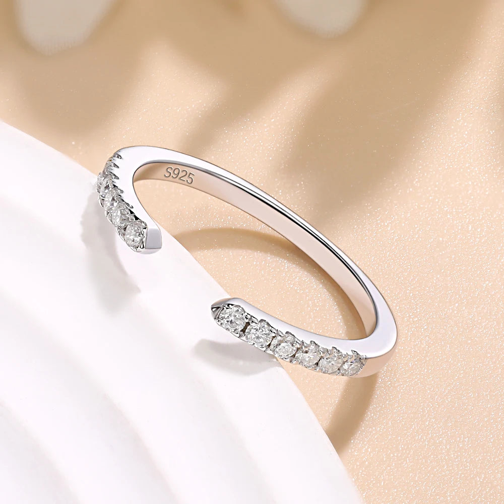 LinkerLove Half Eternity Moissanite Open Ring for Women Stackable Wedding Band S925 Sterling Silver Diamond Rings Jewelry Gifts