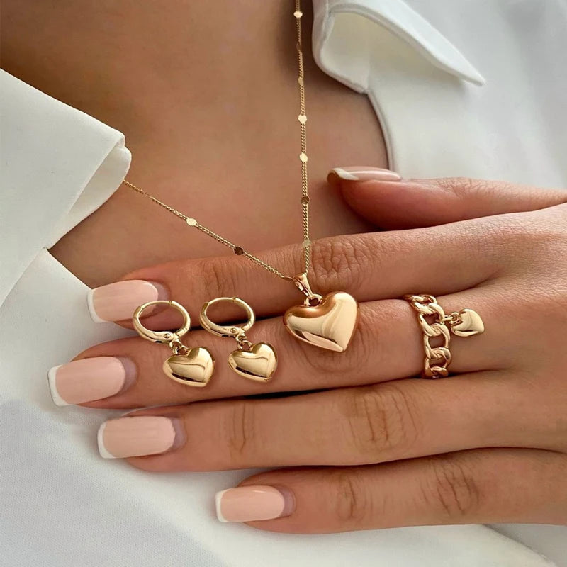 4Pcs/Set Vintage Love Heart Pendant Necklace Ring Hoop Earring for Women Simple Gold Color Smooth Jewelry Set Elegant Party Gift