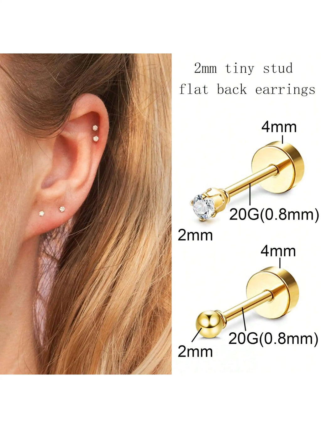 10 Pair 2mm Tiny Gold