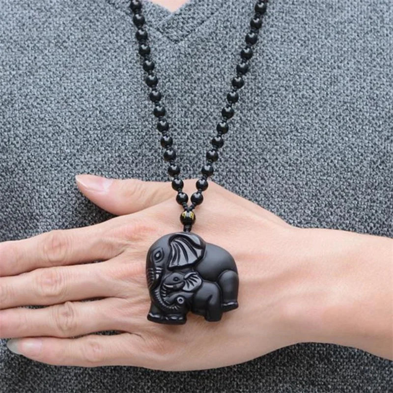 （Summer6）Black Obsidian Wealth Mother Elephant Pendant Necklace Men Women Jewelry Party Accessries Gifts