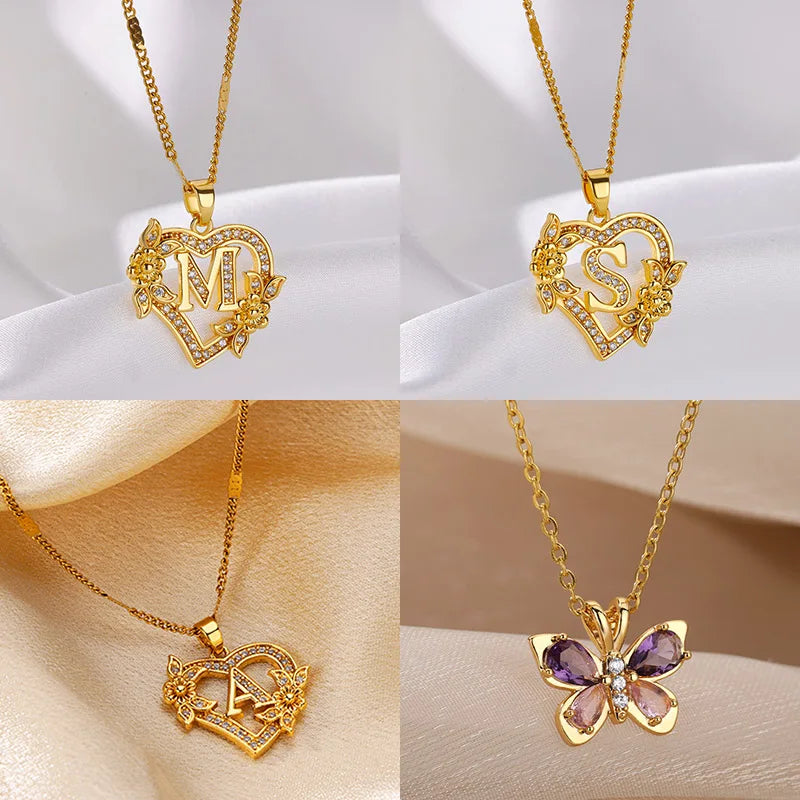 Zircon Flower Heart Initials Letter Necklaces For Women Stainless Steel Heart Gold Color Letter Necklace Chain Wedding Jewelry