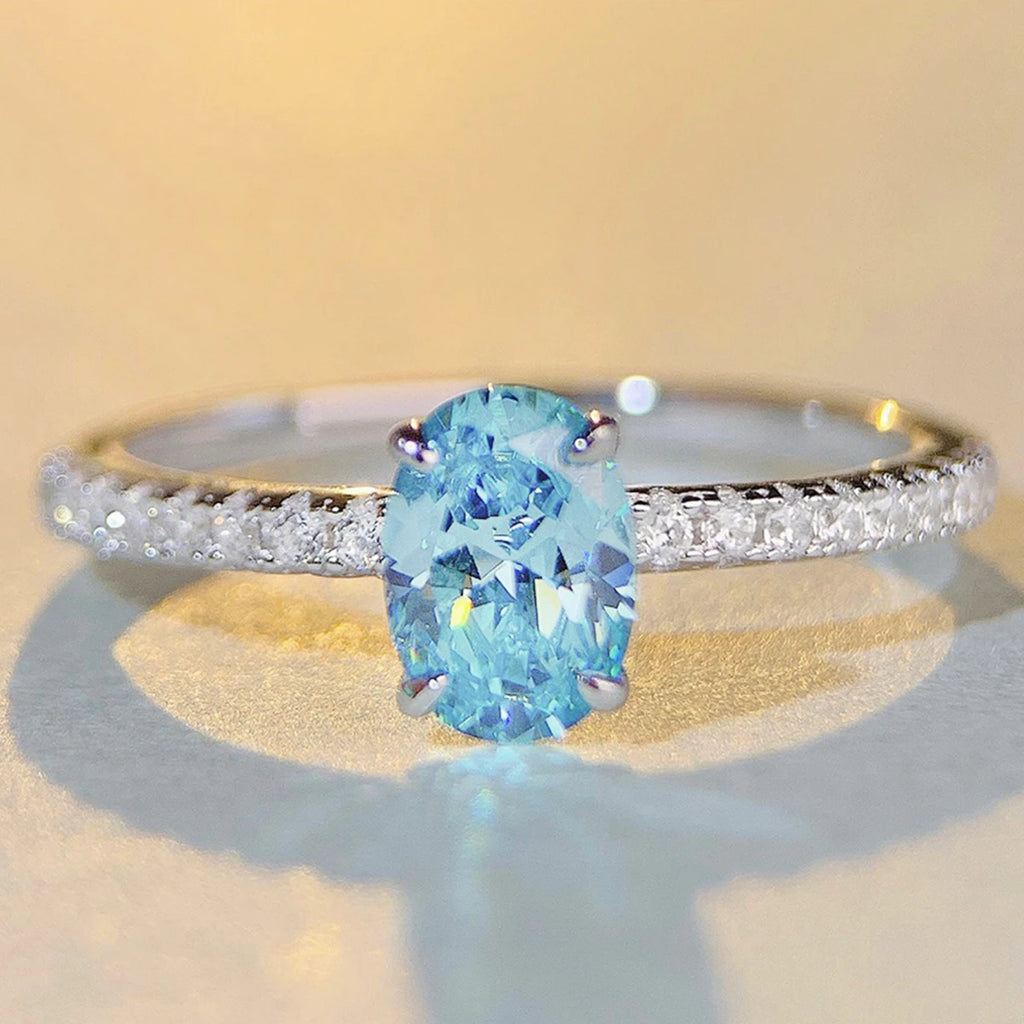Genuine S925 Silver Ring for Women 1 Carat Oval CZ Green or Blue Center & Round Accents Engagement Wedding Anniversary Jewelry