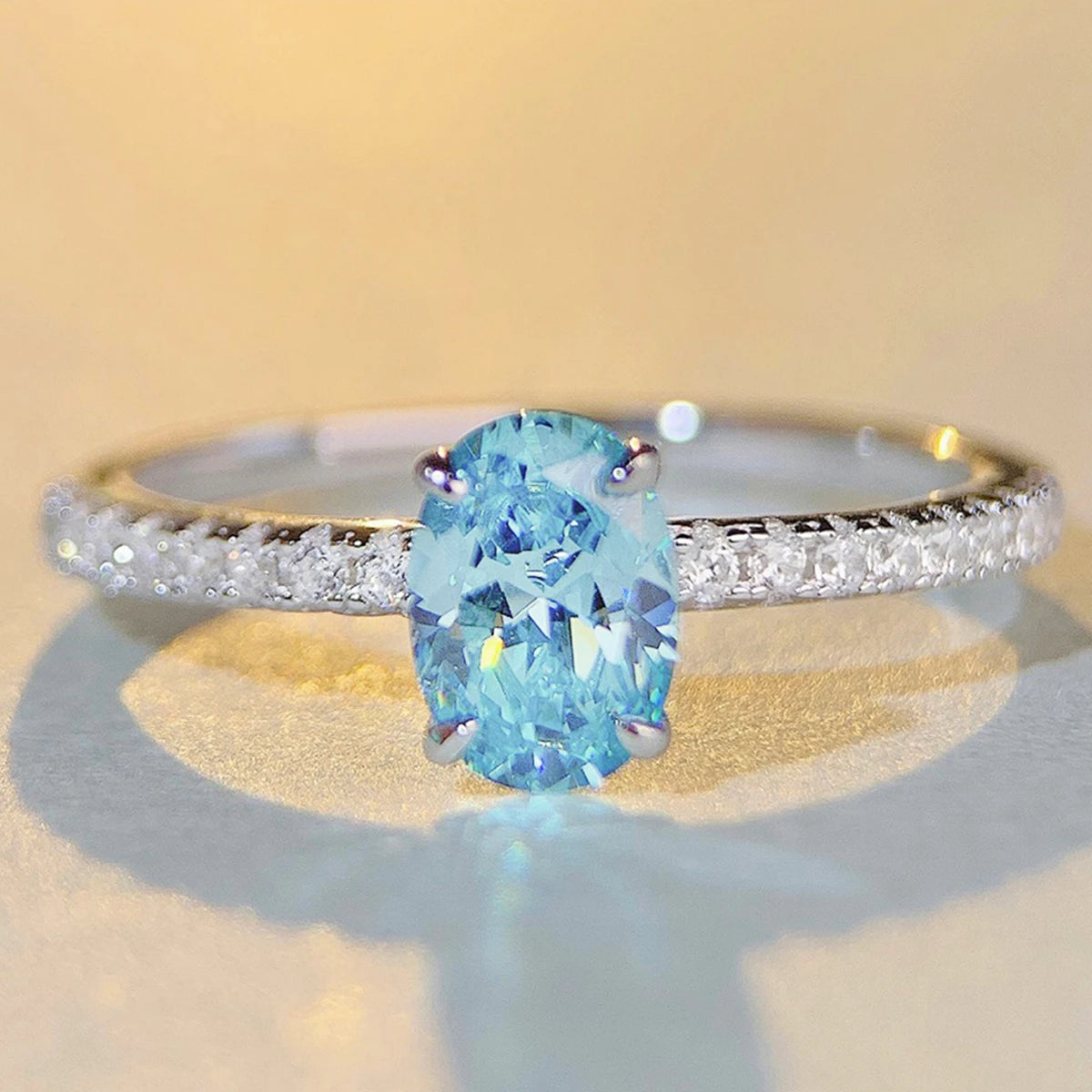 Genuine S925 Silver Ring for Women 1 Carat Oval CZ Green or Blue Center & Round Accents Engagement Wedding Anniversary Jewelry