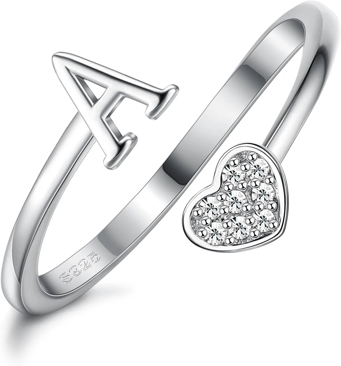 Fansilver Initial Rings 925 Sterling Silver Heart Initial Stackable Adjustable Ring Cute Heart Alphabet Rings Gift for Her