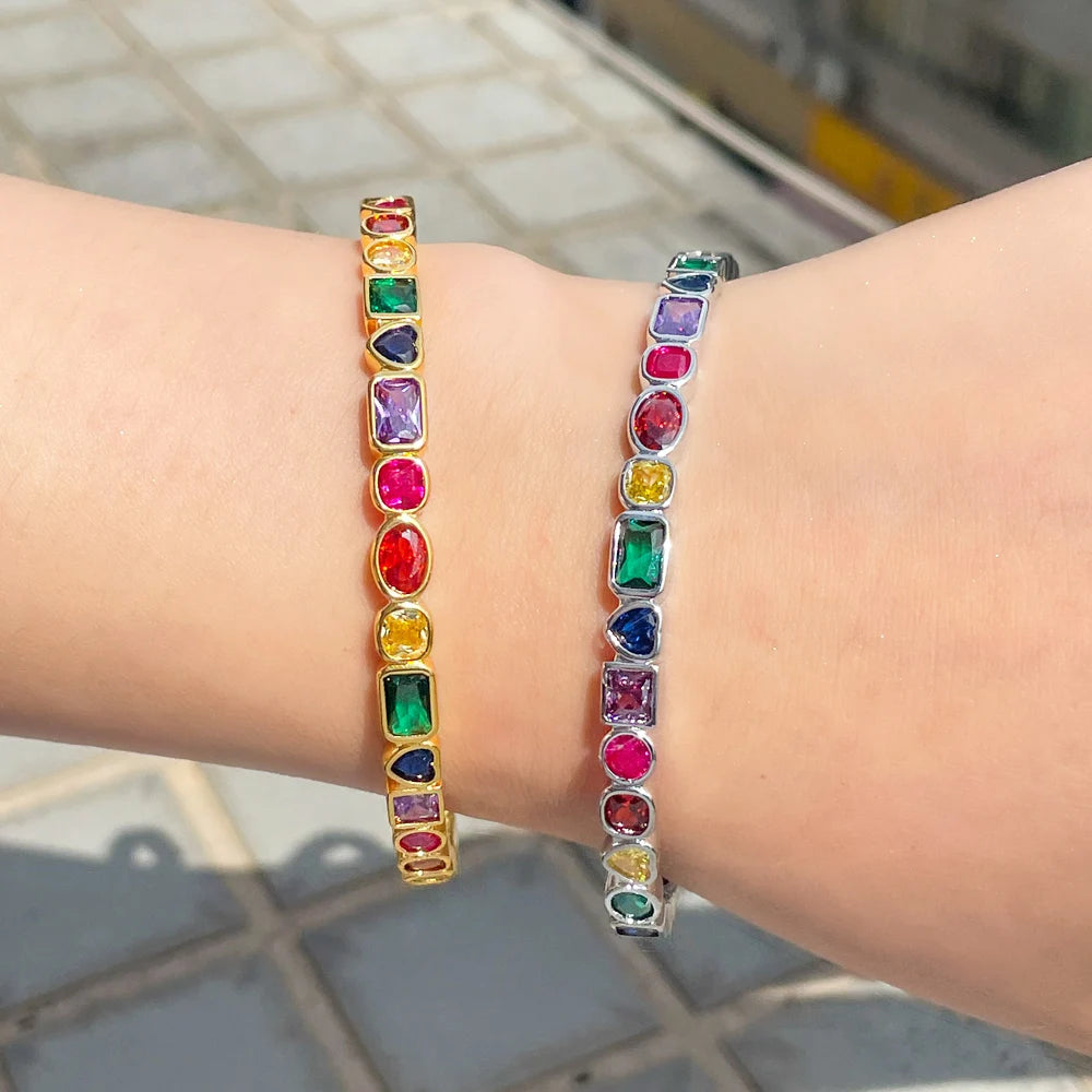 CWWZircons Genuine Multicolor Rainbow Cubic Zirconia Paved White Gold Plated Round Open Cuff Bangle Fashion Boho Jewelry BG047