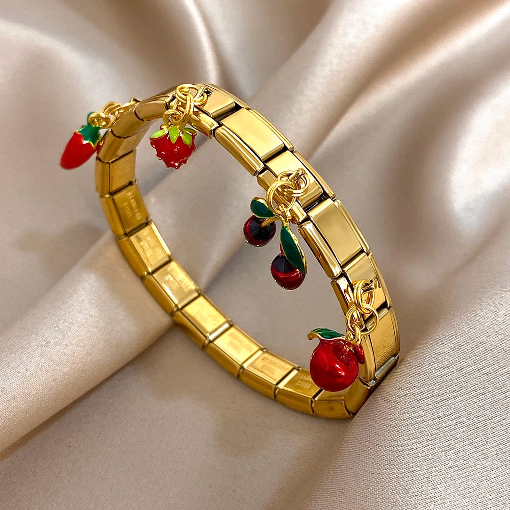 New Stainless Steel Strawberry Pepper Cherry Pendant Elastic Bangles Bracelets Fashion Women's Men Adjustable Waterproof Jewelry