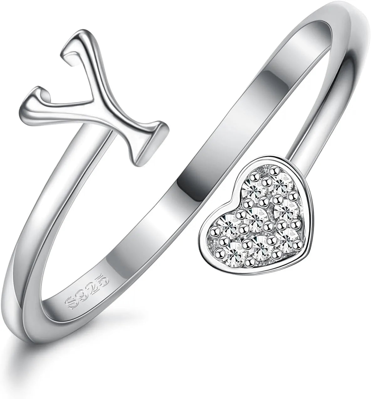 Fansilver Initial Rings 925 Sterling Silver Heart Initial Stackable Adjustable Ring Cute Heart Alphabet Rings Gift for Her
