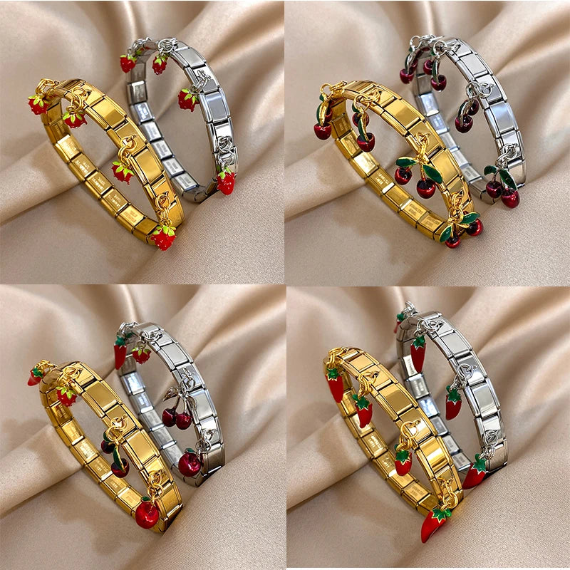 New Stainless Steel Strawberry Pepper Cherry Pendant Elastic Bangles Bracelets Fashion Women's Men Adjustable Waterproof Jewelry