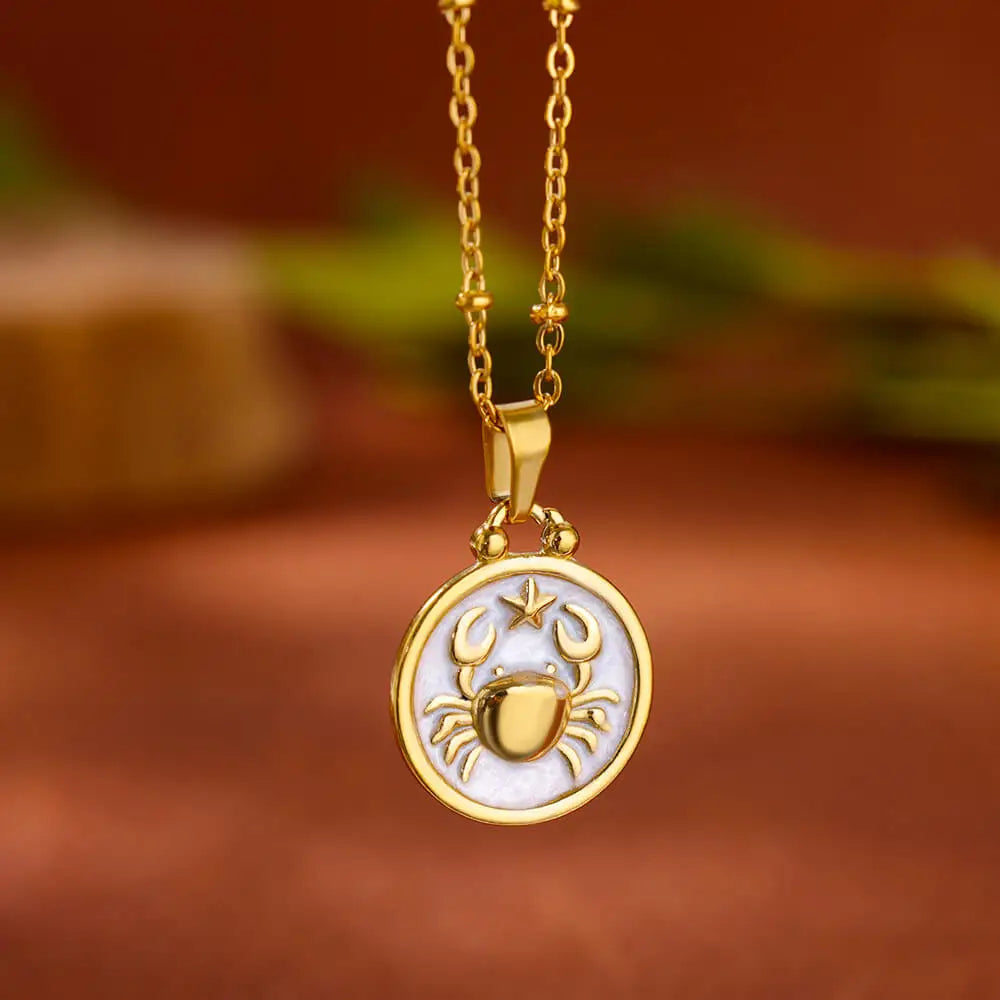 Vintage Drip Oil 12 Constellation Necklace For Women Gold Color Zodiac Sign Coin Pendant Necklace Stainless Steel Chain Jewelry