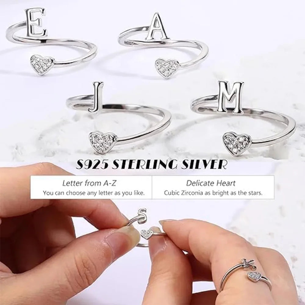 Fansilver Initial Rings 925 Sterling Silver Heart Initial Stackable Adjustable Ring Cute Heart Alphabet Rings Gift for Her