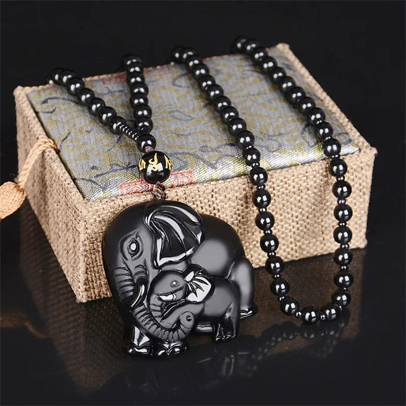 （Summer6）Black Obsidian Wealth Mother Elephant Pendant Necklace Men Women Jewelry Party Accessries Gifts