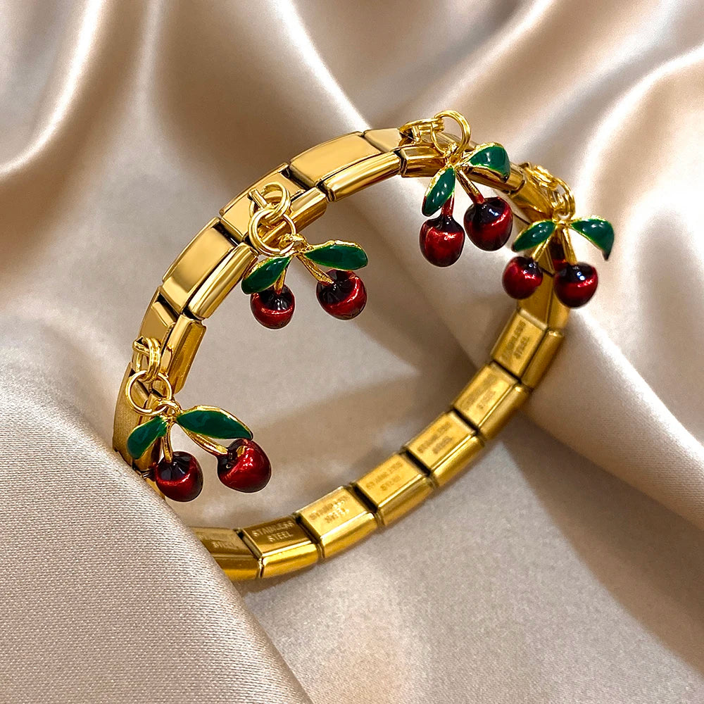 New Stainless Steel Strawberry Pepper Cherry Pendant Elastic Bangles Bracelets Fashion Women's Men Adjustable Waterproof Jewelry