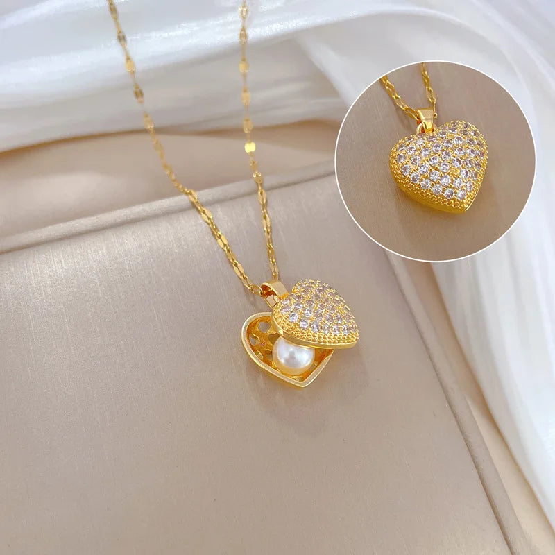 Korean Light Luxury Shell Pearl Necklace For Women Stainless Steel Micro Inlaid Zircon Love Heart Moon Choker Wedding Jewelry