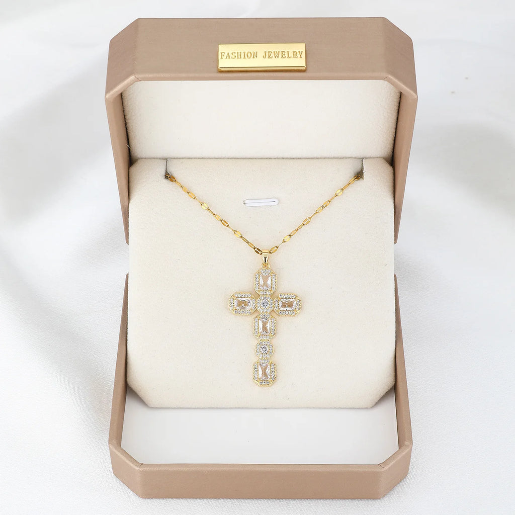 Luxury White Zircon Big Cross Pendants Clavicle Necklaces For Women Stainless Steel Chains Necklace MOM Birthday Party Jewelry