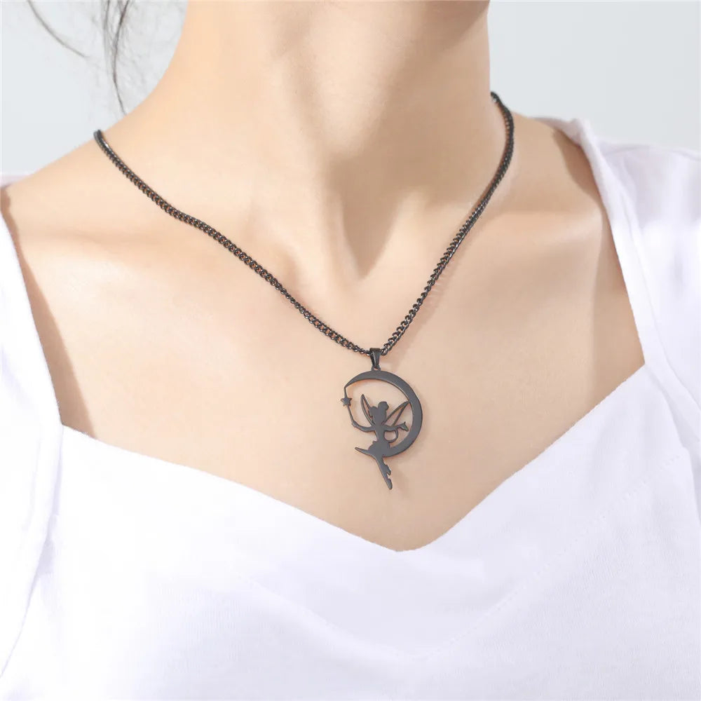 Skyrim Fairy Elf Pendant Necklace for Women Girls Angel Wings Moon Necklaces Stainless Steel Neck Chain Romantic Witch Jewelry