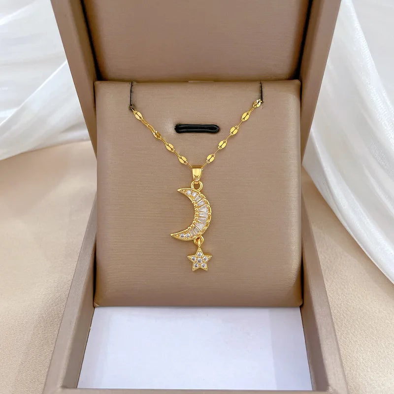 Korean Light Luxury Shell Pearl Necklace For Women Stainless Steel Micro Inlaid Zircon Love Heart Moon Choker Wedding Jewelry