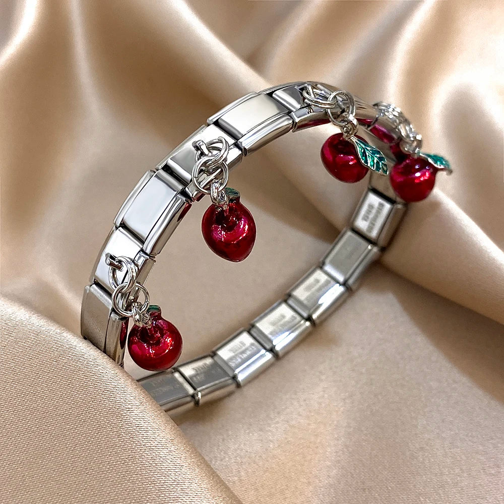 New Stainless Steel Strawberry Pepper Cherry Pendant Elastic Bangles Bracelets Fashion Women's Men Adjustable Waterproof Jewelry