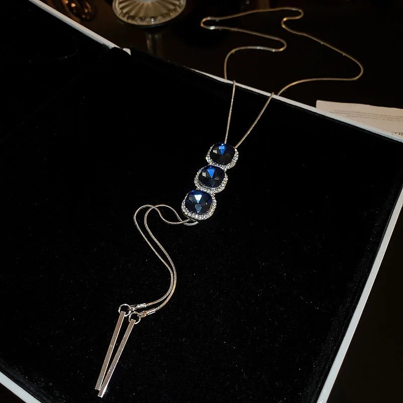 Luxury Jewelry Blue Crystal Tassel Long Necklace High-end Feeling Woman Mothers Day Gifts 2024