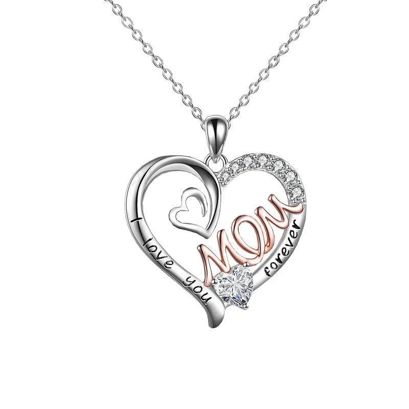 1pc I Love You Forever Mom Zircon Necklace for Women Exquisite Heart Pendant Clavicle Chain DIY Trendy Jewelry Mother's Day Gift