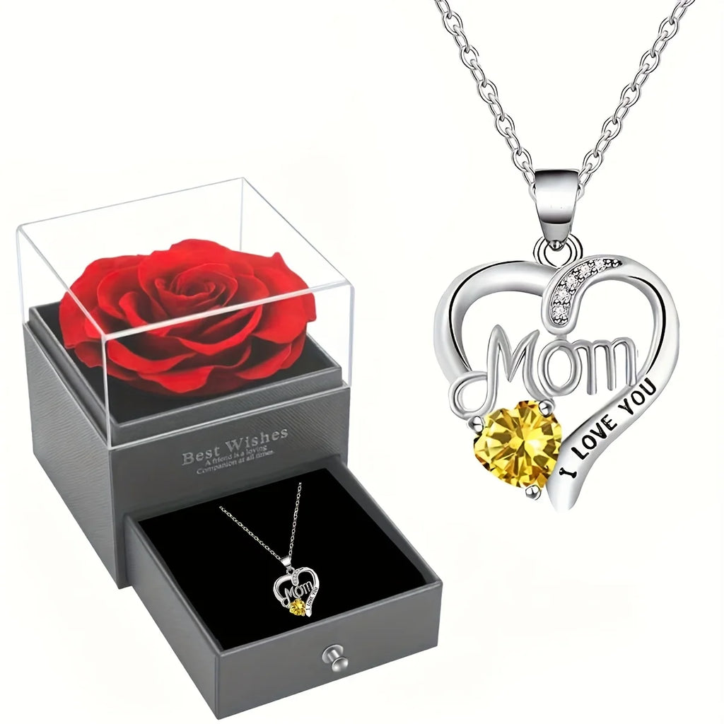 Red rose high-end jewelry gift box, MOM pendant necklace, suitable for Mother's Day, Thanksgiving, Christmas, Valentine's Day