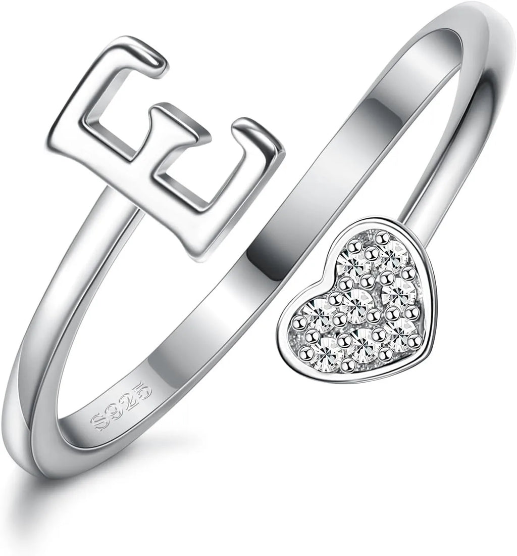 Fansilver Initial Rings 925 Sterling Silver Heart Initial Stackable Adjustable Ring Cute Heart Alphabet Rings Gift for Her