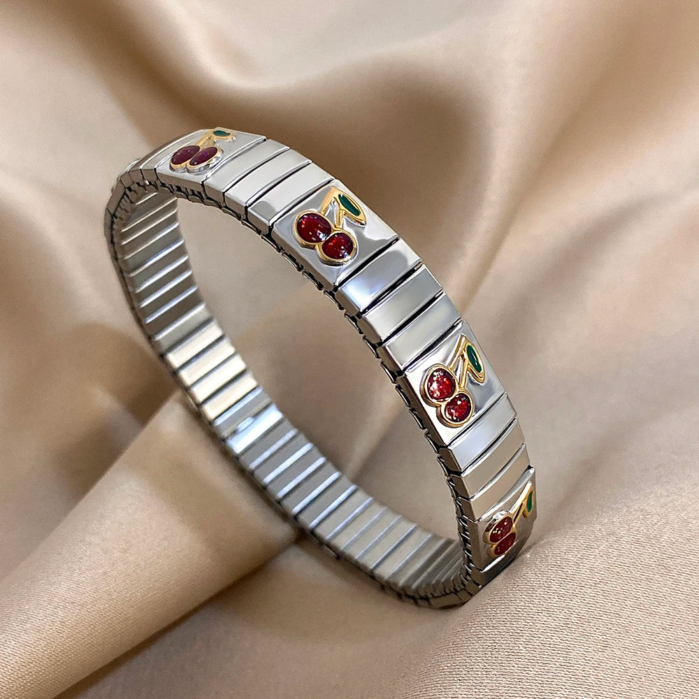 New Stainless Steel Strawberry Pepper Cherry Pendant Elastic Bangles Bracelets Fashion Women's Men Adjustable Waterproof Jewelry