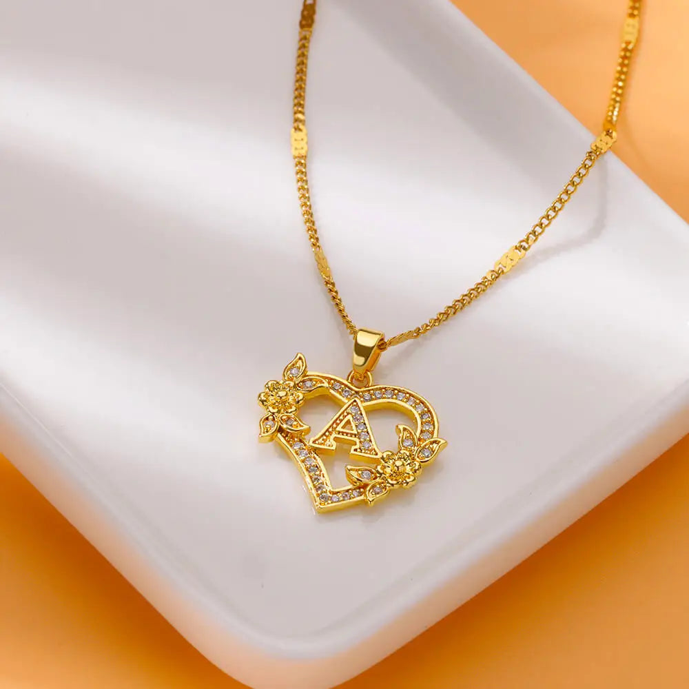 Flower Zircon Initial Heart Pendant Necklaces For Women 2024 Trend Stainless Steel Letter Necklaces Jewelry Best Friend Gifts