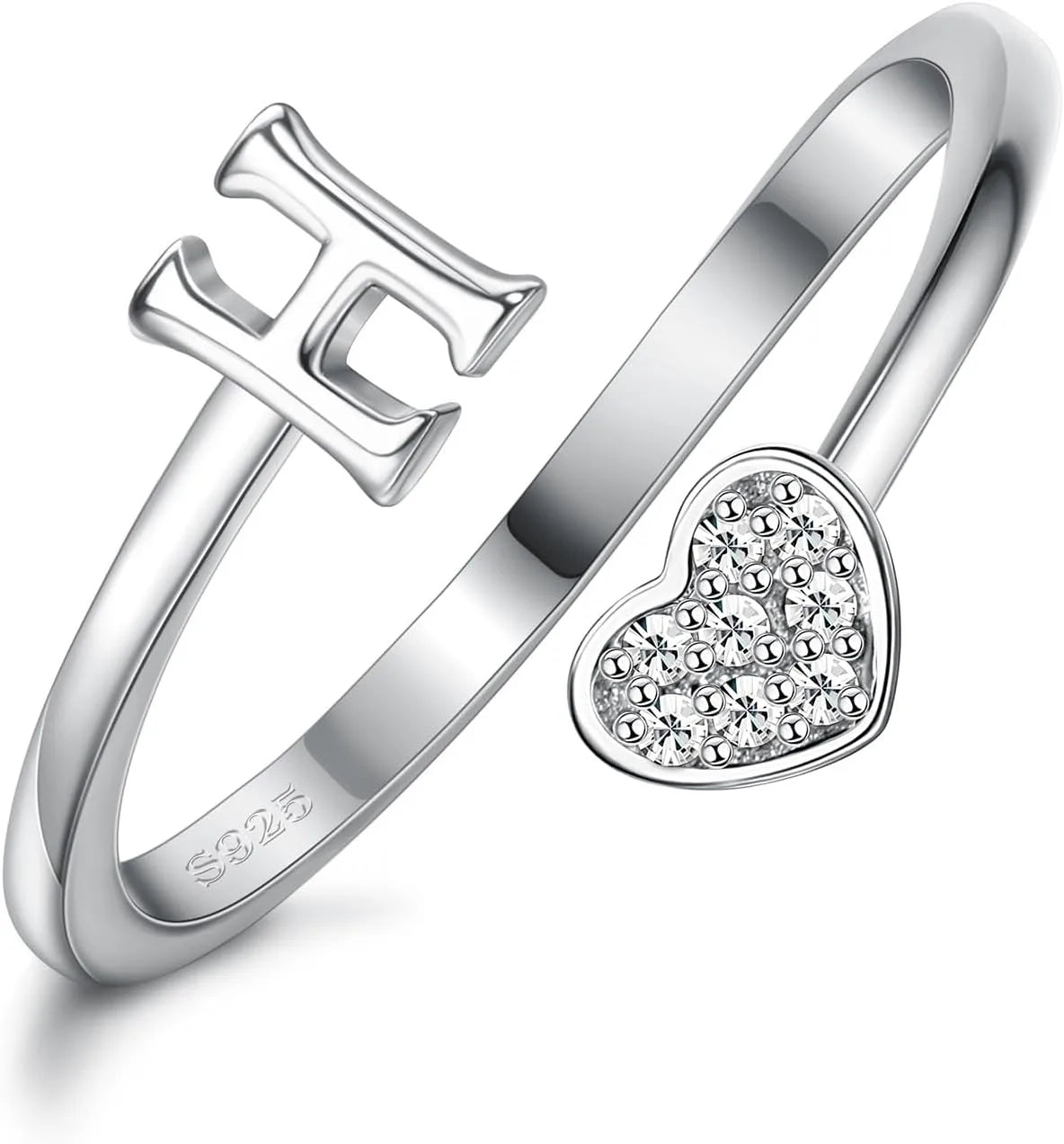 Fansilver Initial Rings 925 Sterling Silver Heart Initial Stackable Adjustable Ring Cute Heart Alphabet Rings Gift for Her