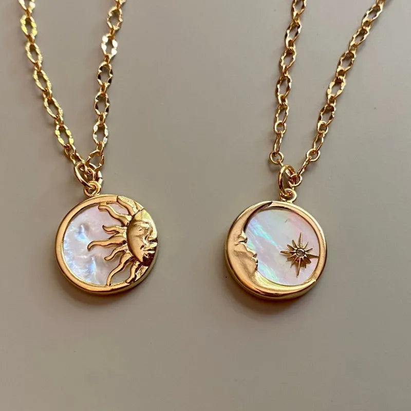 Vintage Sun and Moon Pendants Necklace White Shell Round Coin Stainless Steel Chain Necklaces Femme Jewelry Bijoux Gift