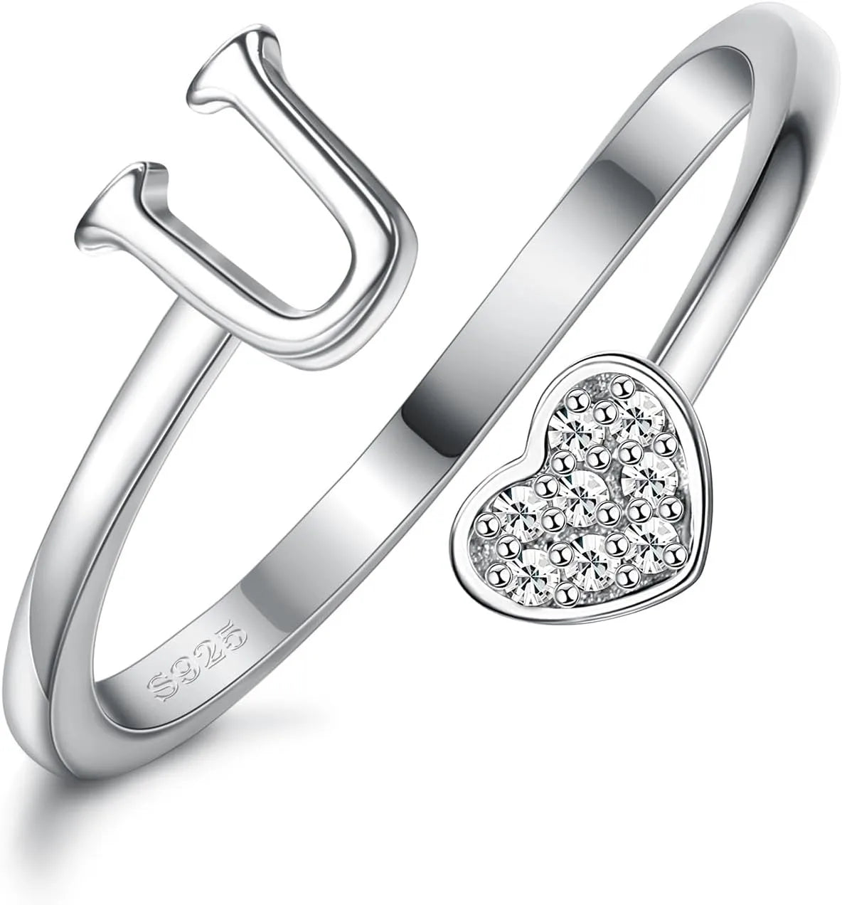 Fansilver Initial Rings 925 Sterling Silver Heart Initial Stackable Adjustable Ring Cute Heart Alphabet Rings Gift for Her
