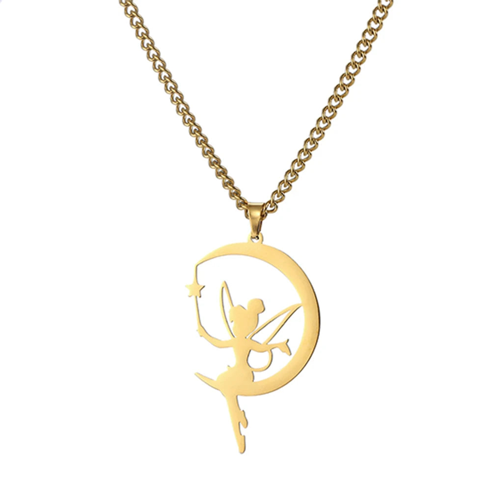 Skyrim Fairy Elf Pendant Necklace for Women Girls Angel Wings Moon Necklaces Stainless Steel Neck Chain Romantic Witch Jewelry