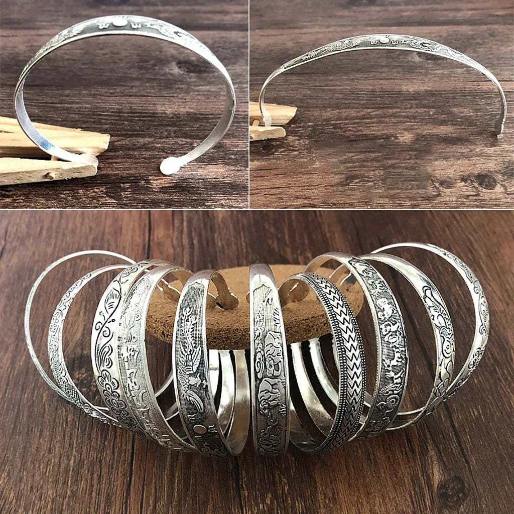 New Retro Cuff Bracelets Tibetan Silver Metal Carving Fish Elephant Flower Bangles Vintage Gypsy Jewelry Female Gifts