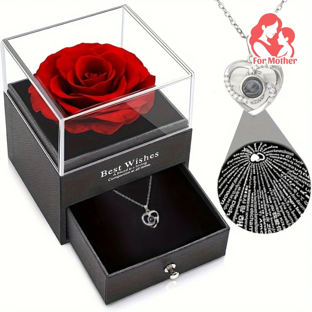 Permanent Rose Gift Box with Necklace, for Mom, Lover, Couple, Best Friend, Mother's Day, Christmas, New Year, Party, Birthday