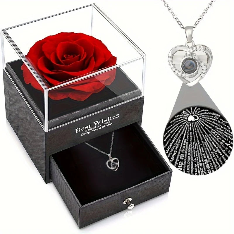 Permanent Rose Gift Box with Necklace, for Mom, Lover, Couple, Best Friend, Mother's Day, Christmas, New Year, Party, Birthday
