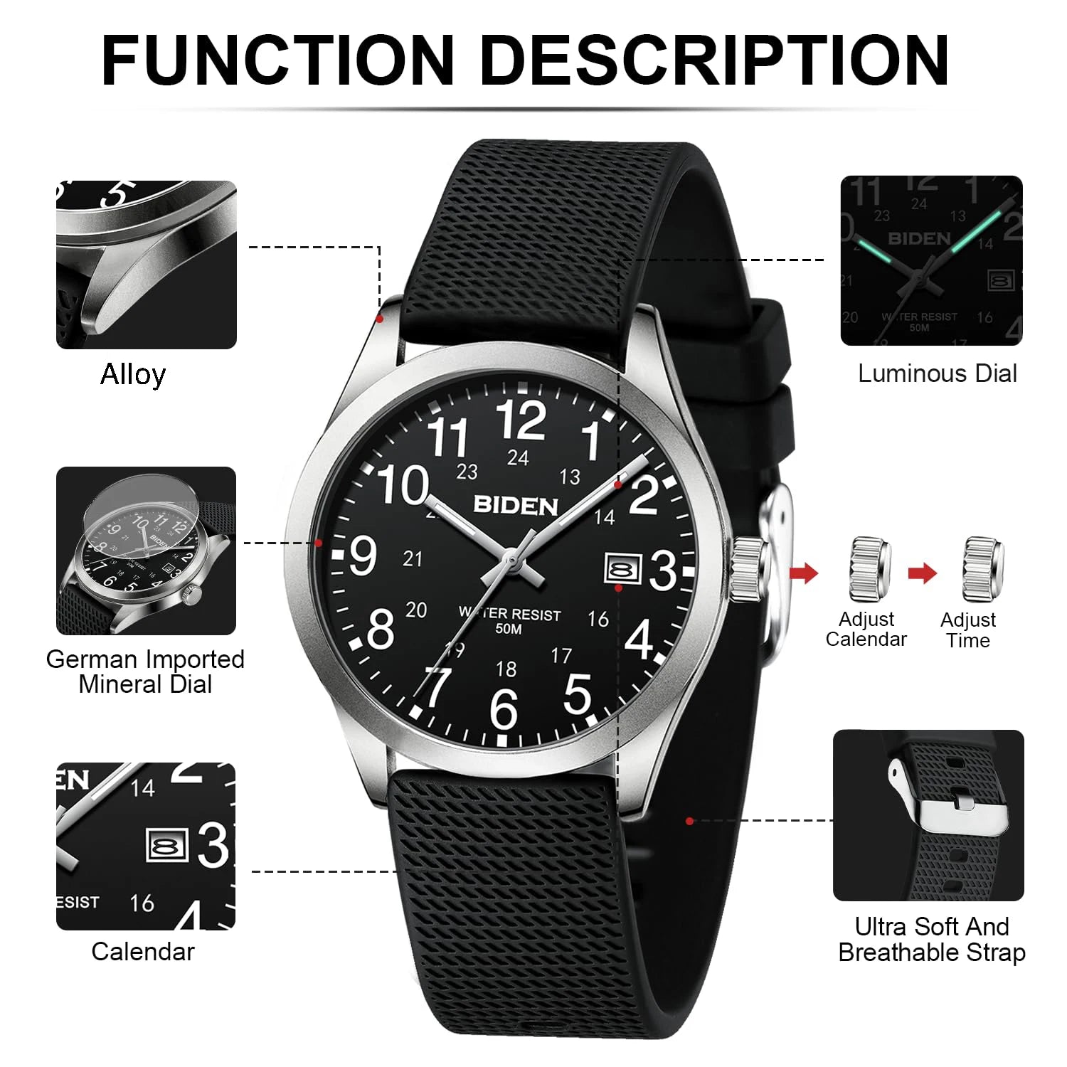 BIDEN Men's Watch Simulated Quartz Sports Men's and Women's Watch 30 Waterproof Second Hand Luminous Easy to Read Dial
