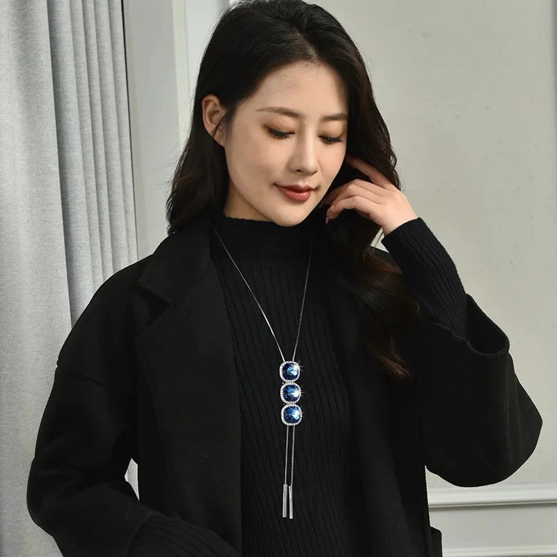 Luxury Jewelry Blue Crystal Tassel Long Necklace High-end Feeling Woman Mothers Day Gifts 2024