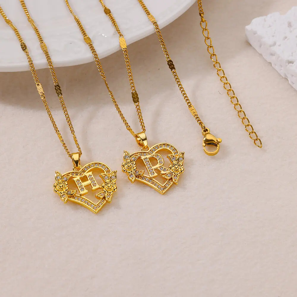 Zircon Flower Heart Initials Letter Necklaces For Women Stainless Steel Heart Gold Color Letter Necklace Chain Wedding Jewelry
