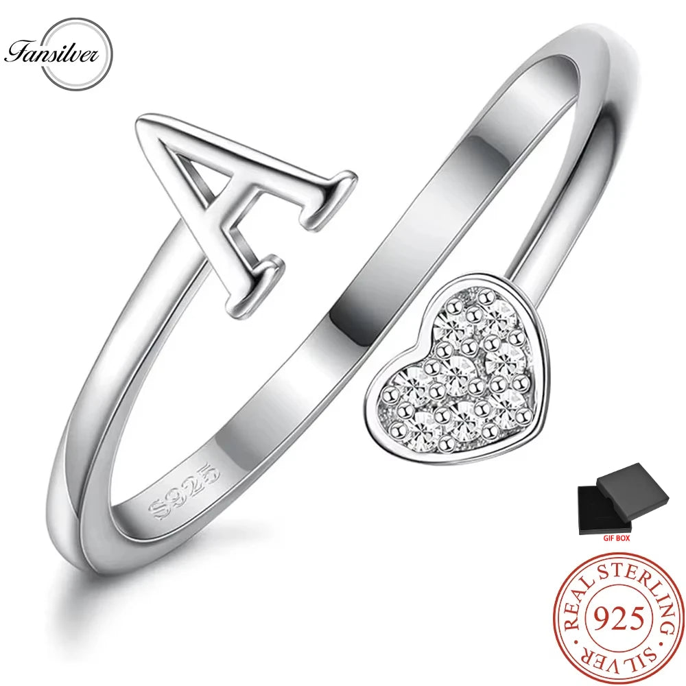 Fansilver Initial Rings 925 Sterling Silver Heart Initial Stackable Adjustable Ring Cute Heart Alphabet Rings Gift for Her