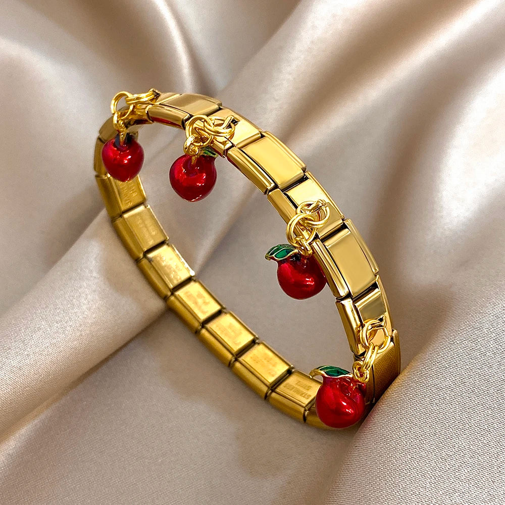 New Stainless Steel Strawberry Pepper Cherry Pendant Elastic Bangles Bracelets Fashion Women's Men Adjustable Waterproof Jewelry