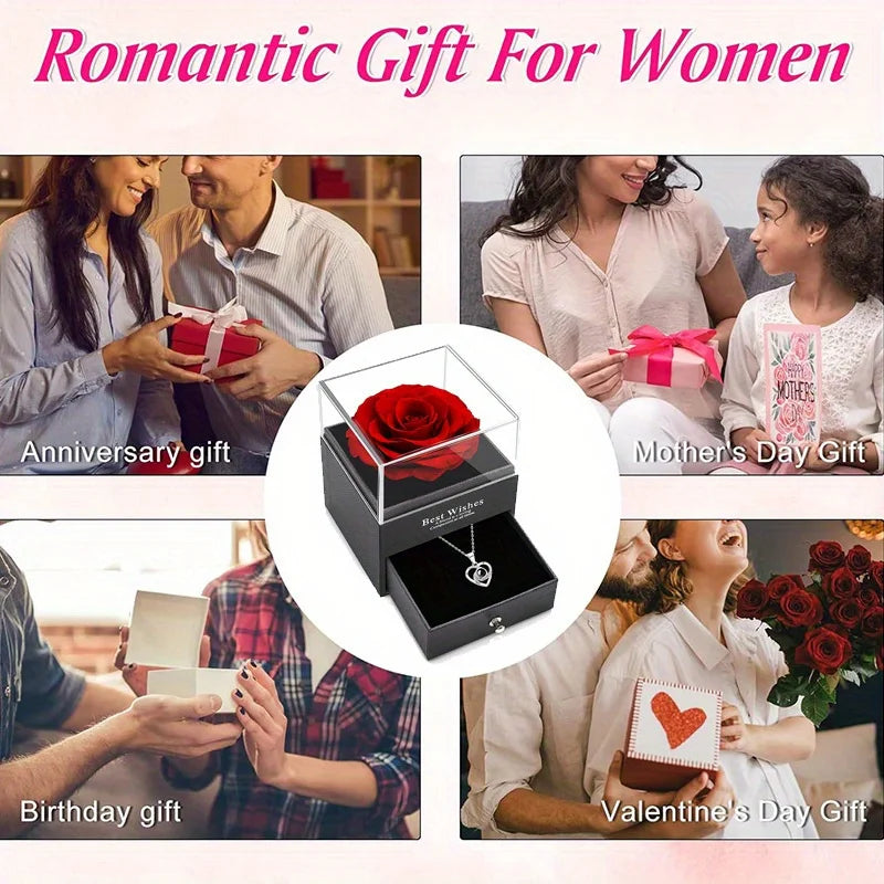Permanent Rose Gift Box with Necklace, for Mom, Lover, Couple, Best Friend, Mother's Day, Christmas, New Year, Party, Birthday