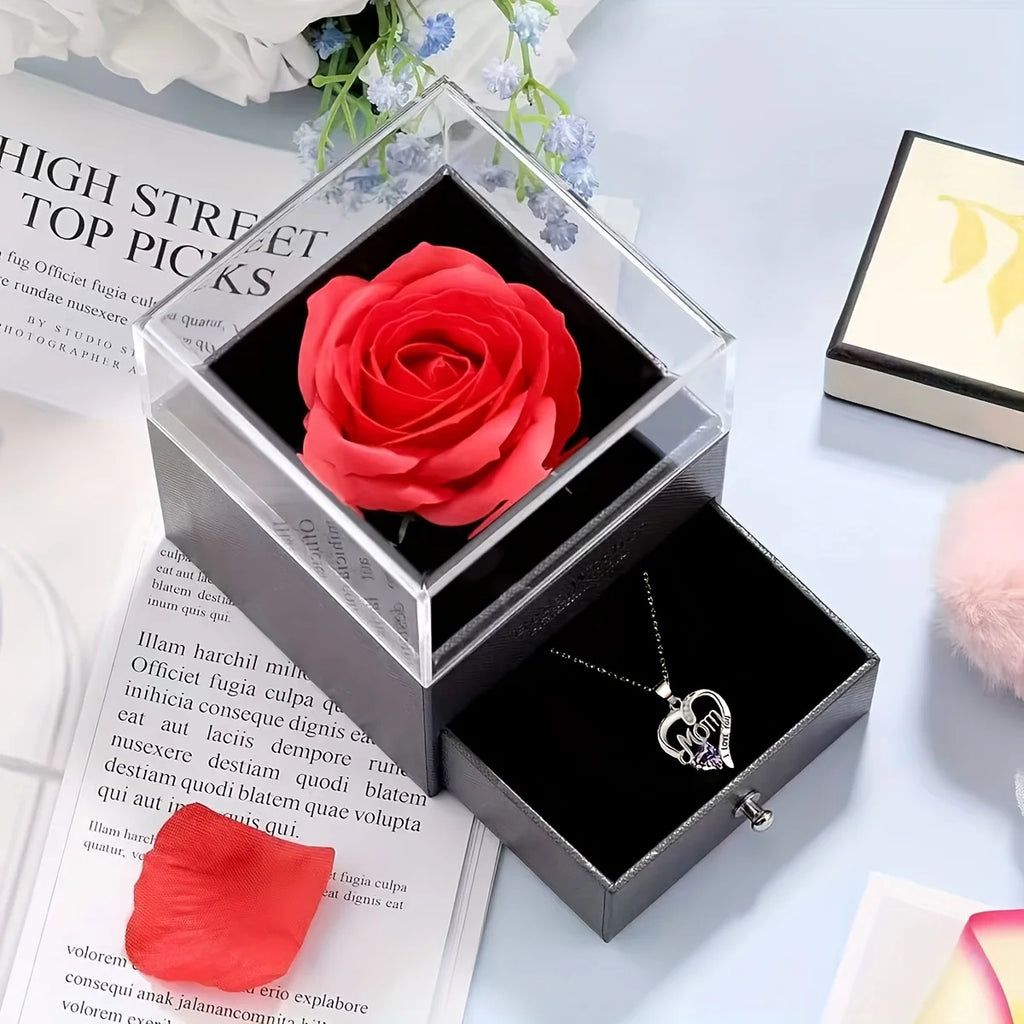 Red rose high-end jewelry gift box, MOM pendant necklace, suitable for Mother's Day, Thanksgiving, Christmas, Valentine's Day
