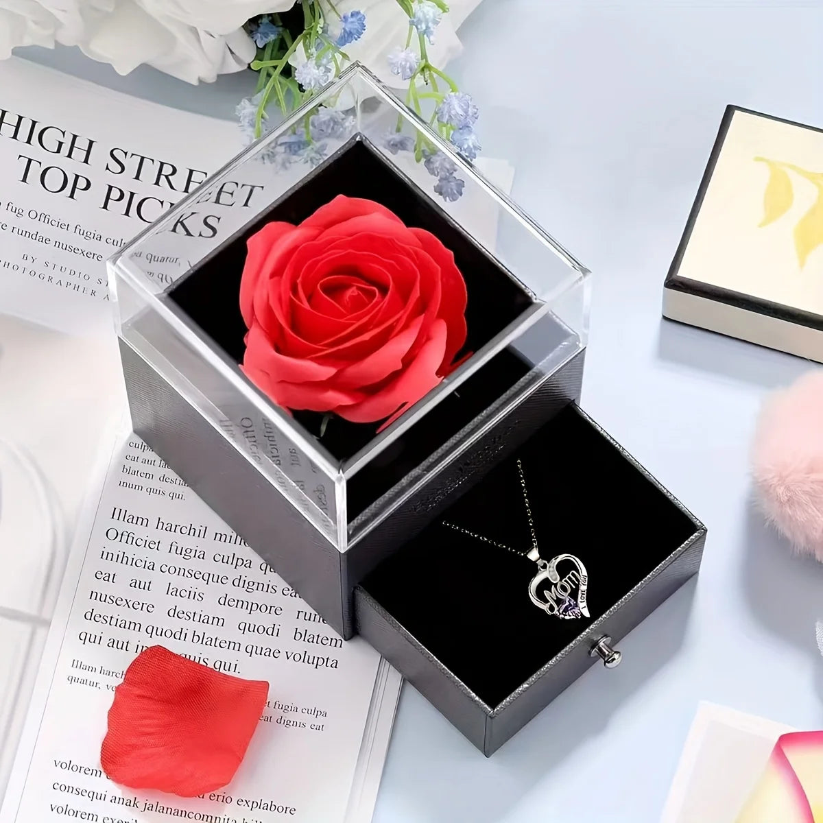 Red rose high-end jewelry gift box, MOM pendant necklace, suitable for Mother's Day, Thanksgiving, Christmas, Valentine's Day