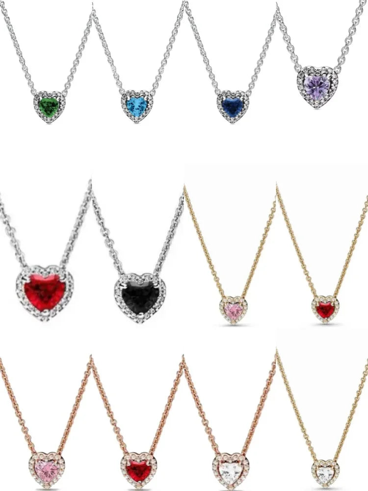 High Quality 925 Silver, Red, Green, Purple Heart-Shaped Necklace, Suitable For European Women's Exquisite Jewelry Gifts