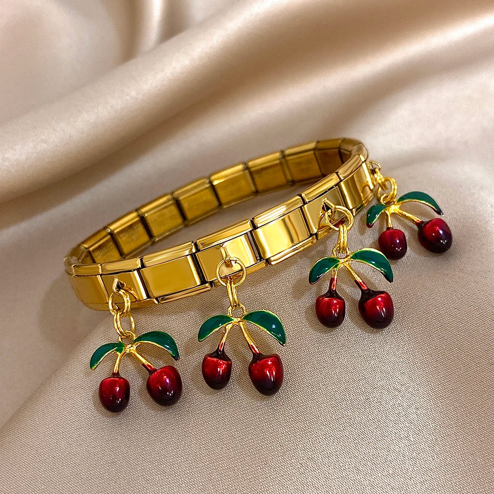 New Stainless Steel Strawberry Pepper Cherry Pendant Elastic Bangles Bracelets Fashion Women's Men Adjustable Waterproof Jewelry