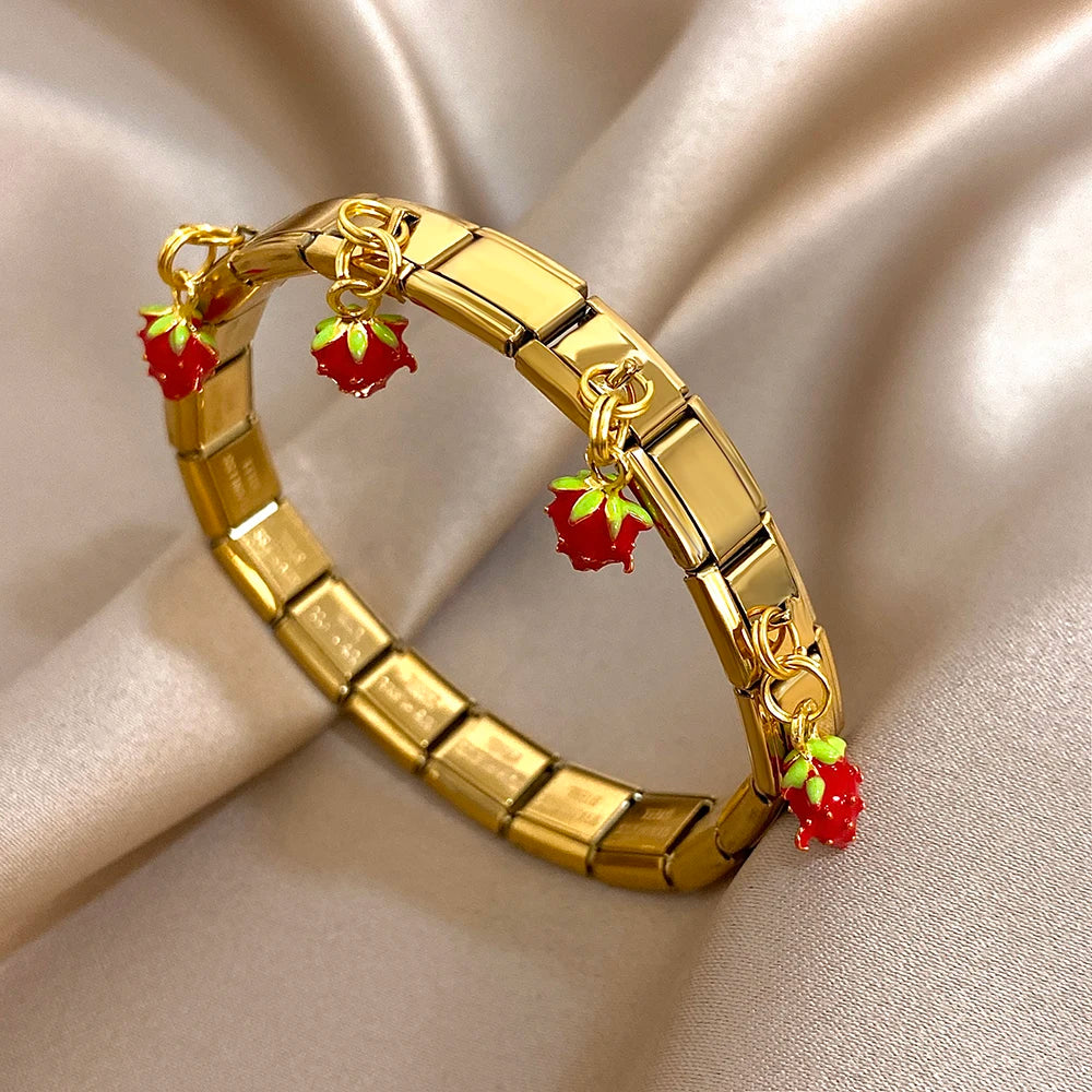 New Stainless Steel Strawberry Pepper Cherry Pendant Elastic Bangles Bracelets Fashion Women's Men Adjustable Waterproof Jewelry