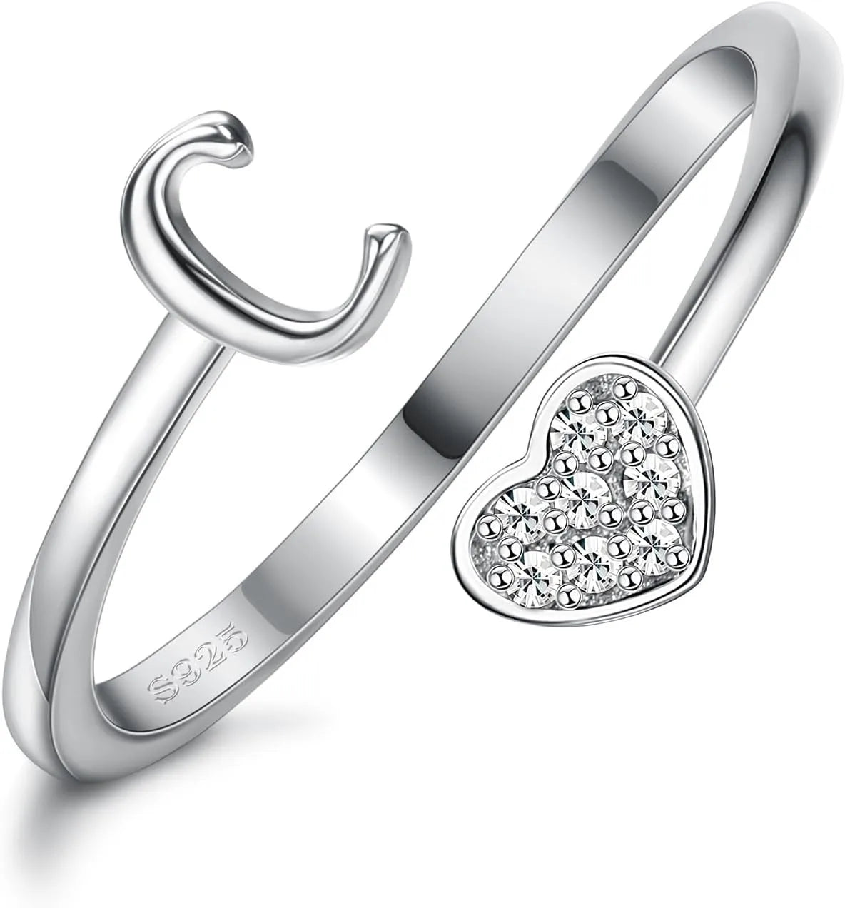 Fansilver Initial Rings 925 Sterling Silver Heart Initial Stackable Adjustable Ring Cute Heart Alphabet Rings Gift for Her